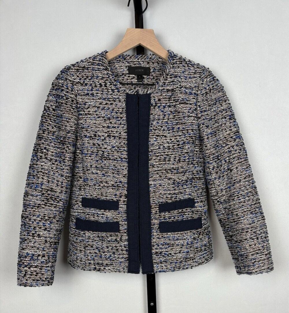 J. Crew Tweed Blazer Jacket Womens 0 Blue Black Metallic Pockets Preppy Career